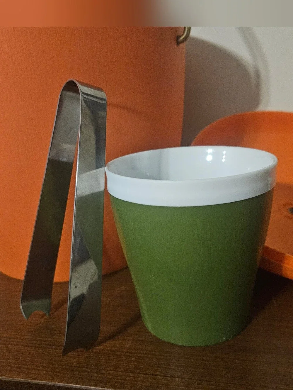 Vintage Retro Orange & White Ice Bucket With Green Cup & Tongs